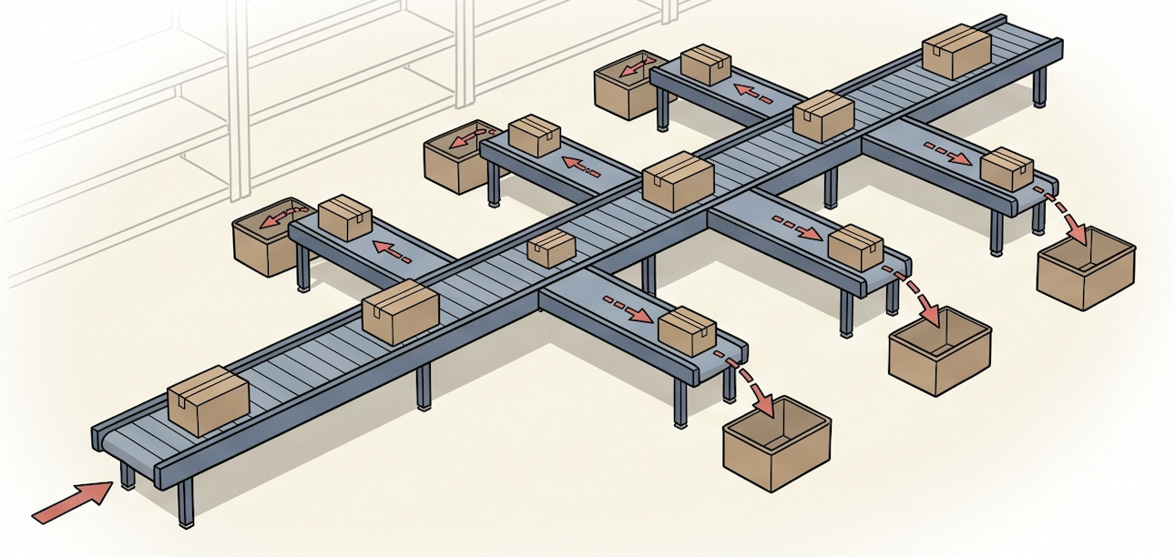 A linear sorter: a straight conveyor line crossing multiple takeaway spurs, with items diverting off the main line into collection bins.
