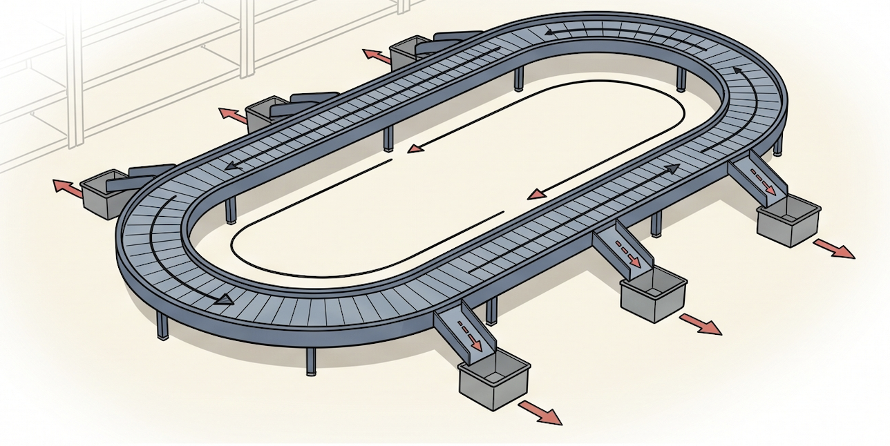 A loop sorter's fixed oval track, with carriers tilting to divert items into chutes positioned around the loop.