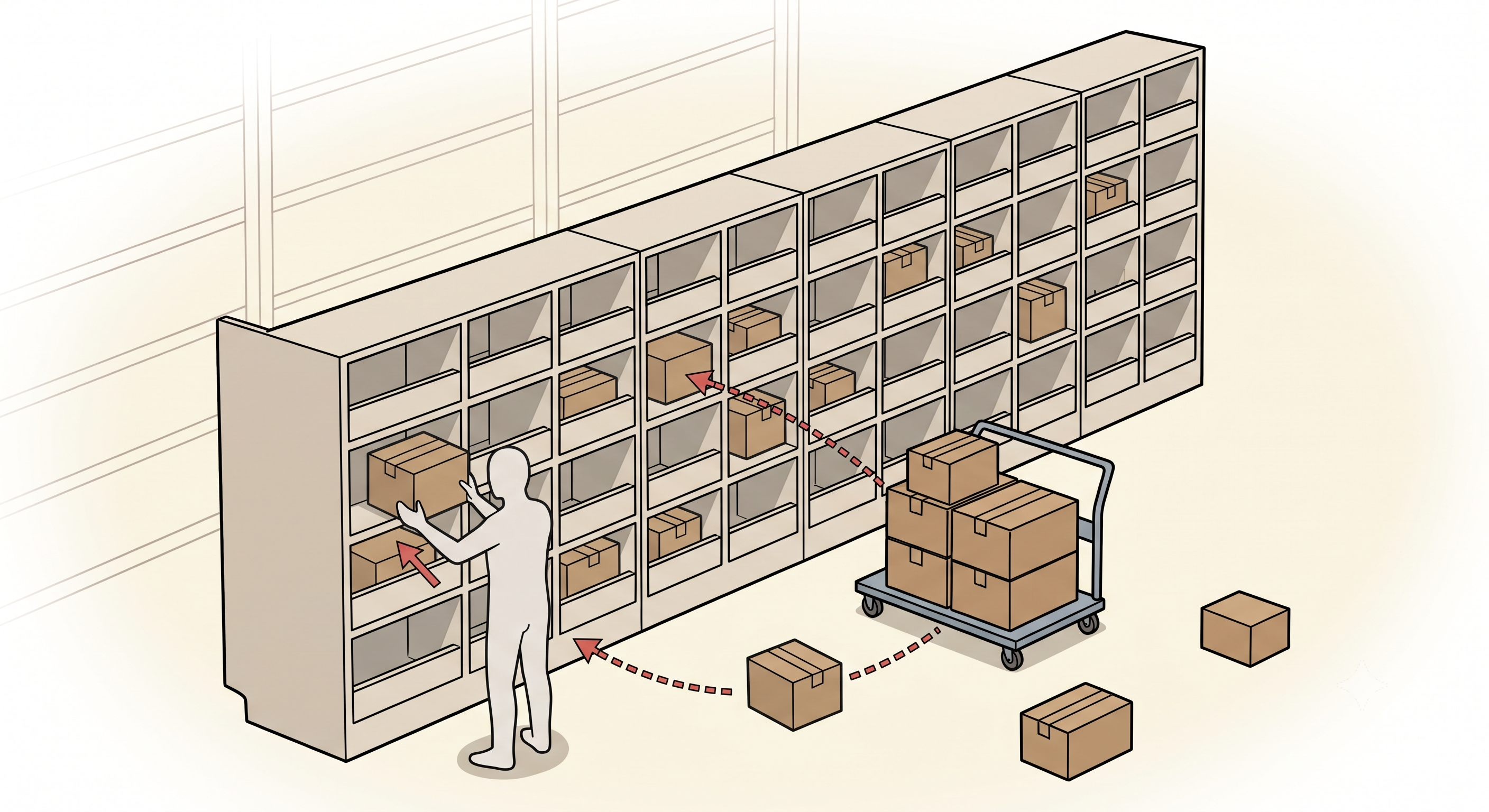 A put wall: a grid of cubby slots along a wall, with an operator placing items into the correct slot from a cart of batched picks.