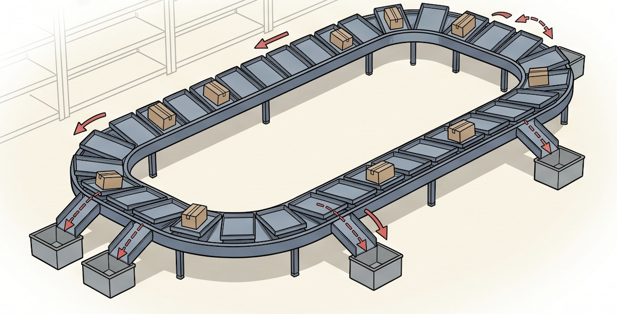 Conveyor-based tilt tray sorter running through a distribution center, with trays tilting to divert items into chutes on both sides of the fixed loop.